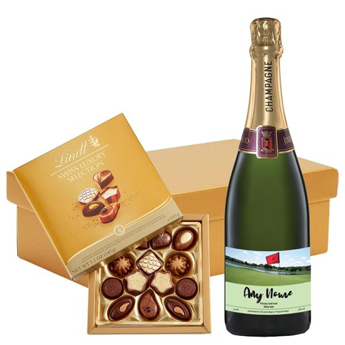 Personalised Champagne - Golf Label And Lindt Swiss Chocolates Hamper